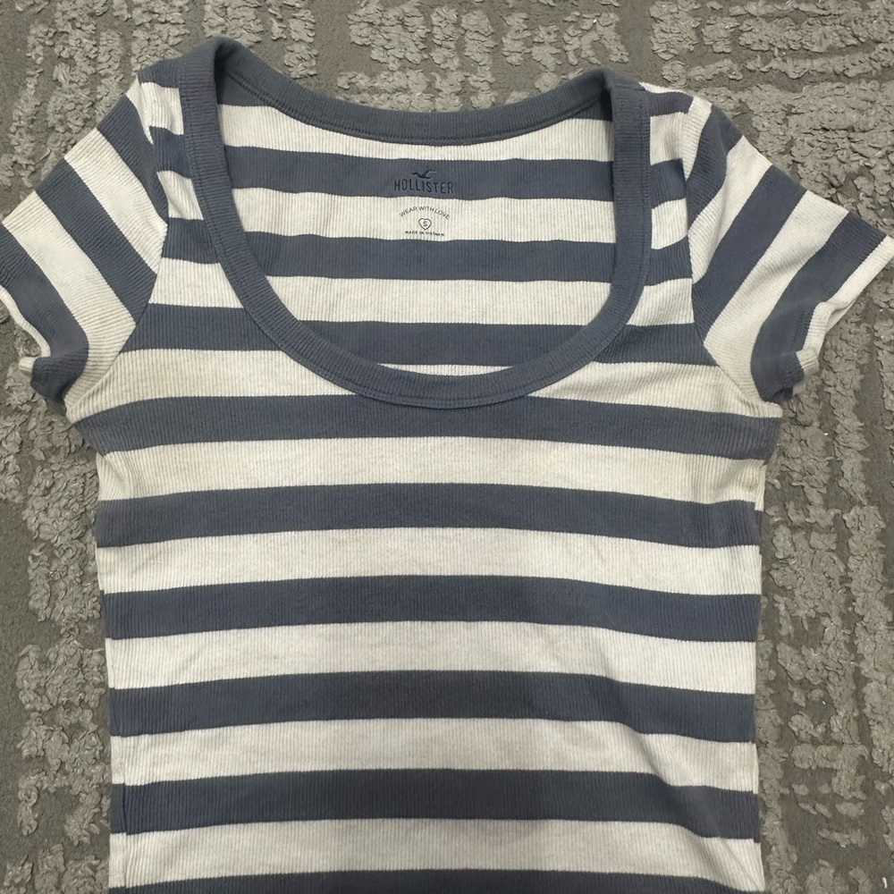 Hollister Blue and White Striped T-Shirt